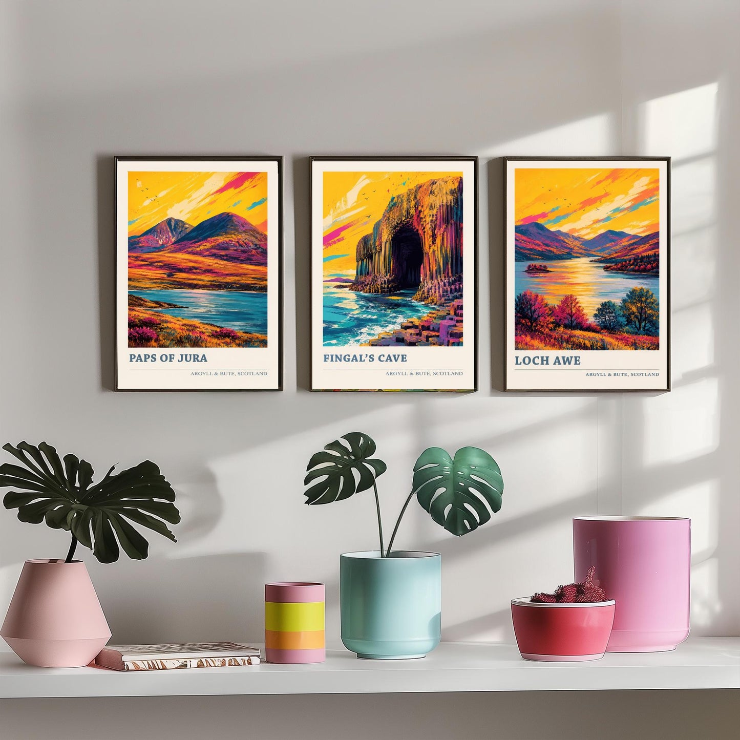 Argyll and Bute Scotland Set of Three Prints | Paps of Jura Fingals Cave Loch Awe | Vibrant Highland Painting Wall Art Poster