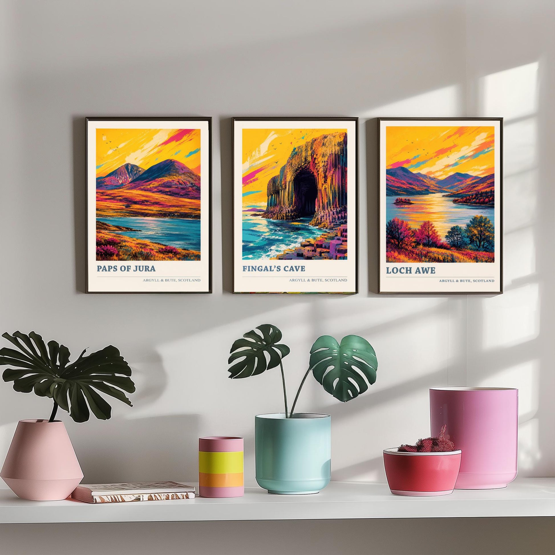 Argyll and Bute Scotland Set of Three Prints | Paps of Jura Fingals Cave Loch Awe | Vibrant Highland Painting Wall Art Poster