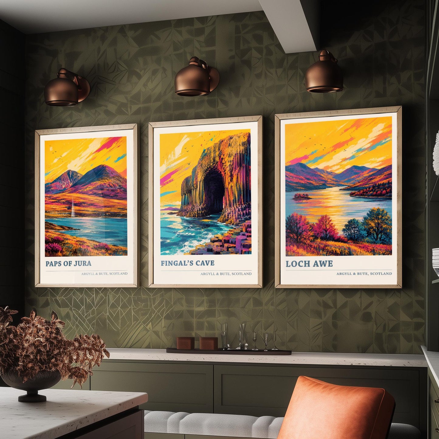 Argyll and Bute Scotland Set of Three Prints | Paps of Jura Fingals Cave Loch Awe | Vibrant Highland Painting Wall Art Poster