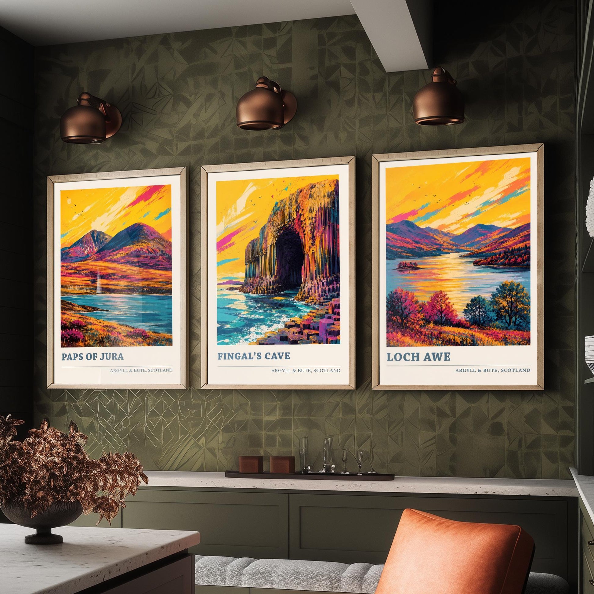 Argyll and Bute Scotland Set of Three Prints | Paps of Jura Fingals Cave Loch Awe | Vibrant Highland Painting Wall Art Poster
