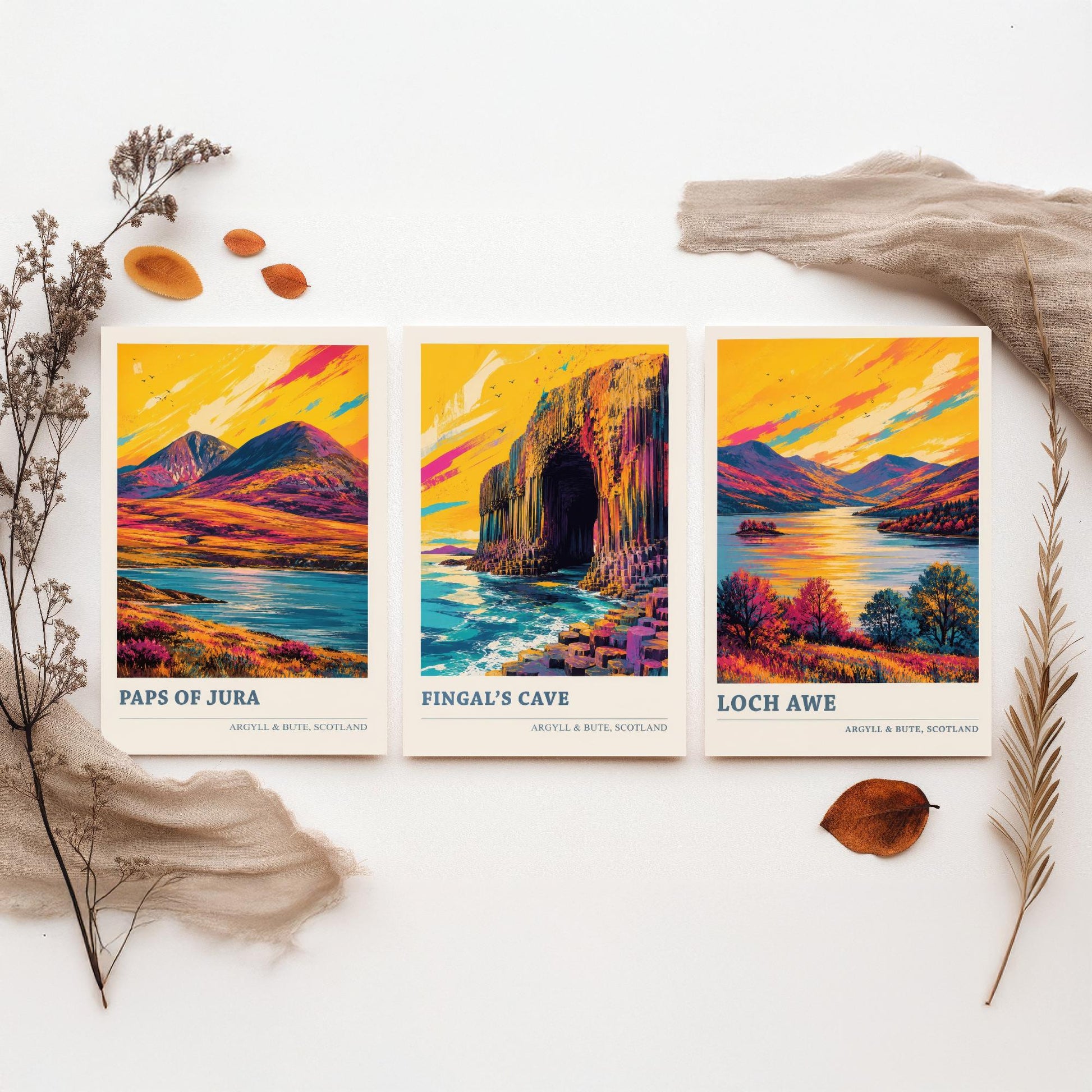 Argyll and Bute Scotland Set of Three Prints | Paps of Jura Fingals Cave Loch Awe | Vibrant Highland Painting Wall Art Poster