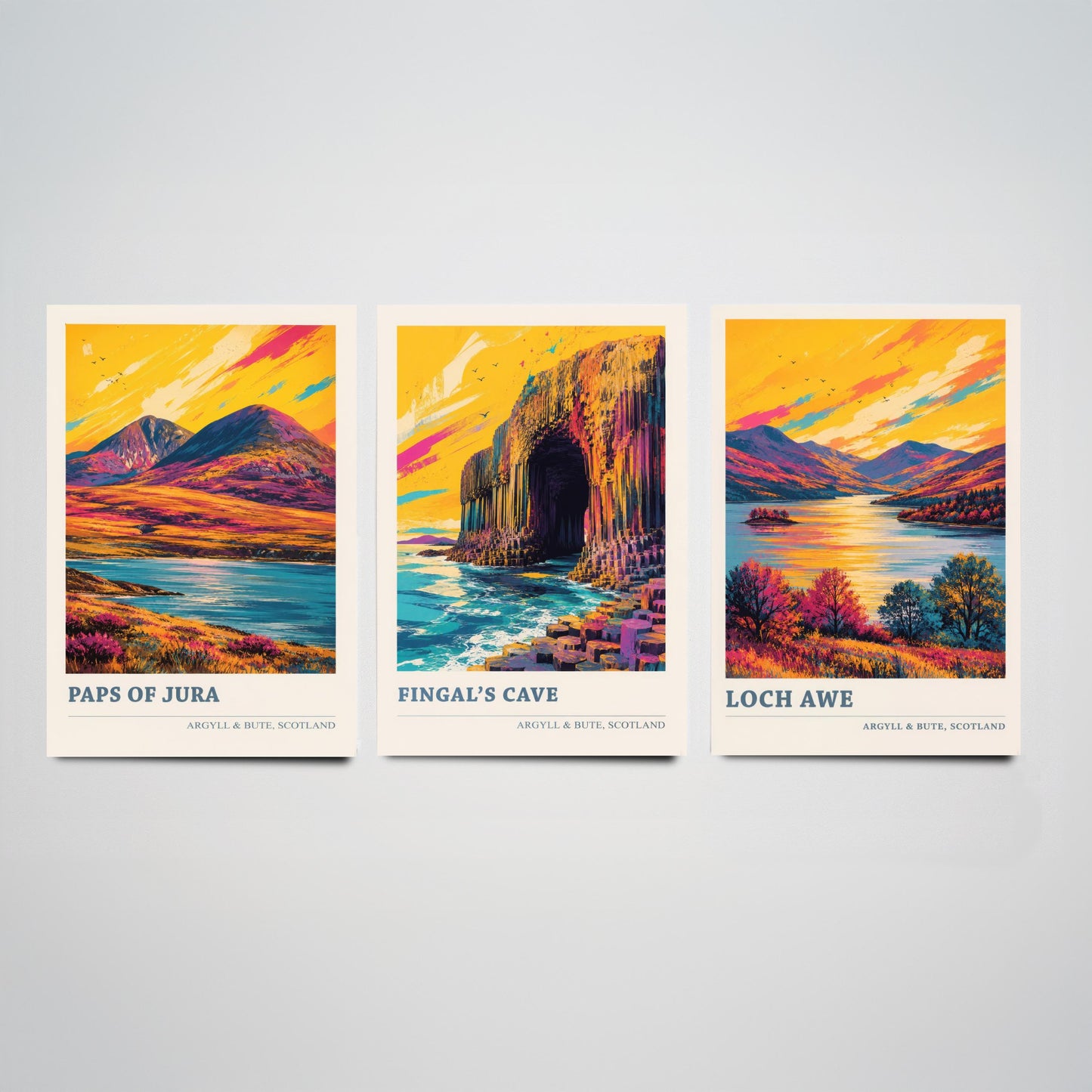 Argyll and Bute Scotland Set of Three Prints | Paps of Jura Fingals Cave Loch Awe | Vibrant Highland Painting Wall Art Poster