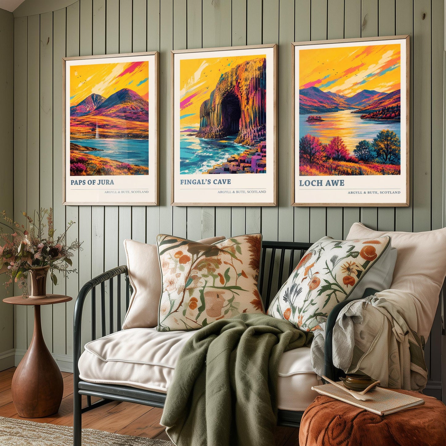 Argyll and Bute Scotland Set of Three Prints | Paps of Jura Fingals Cave Loch Awe | Vibrant Highland Painting Wall Art Poster