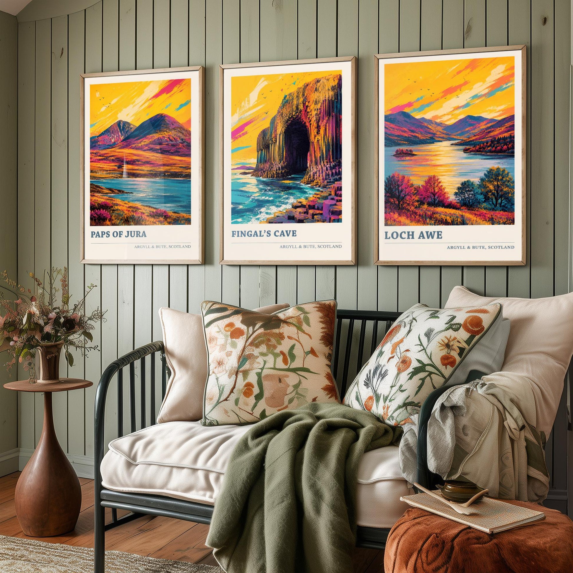 Argyll and Bute Scotland Set of Three Prints | Paps of Jura Fingals Cave Loch Awe | Vibrant Highland Painting Wall Art Poster