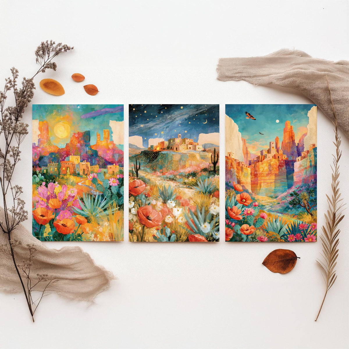 Arizona Desert Set of Three Art Prints - Sedona, Monument Valley, Grand Canyon - Adobe Pueblo Cactus Wildflower Paintings - Folk Art Posters