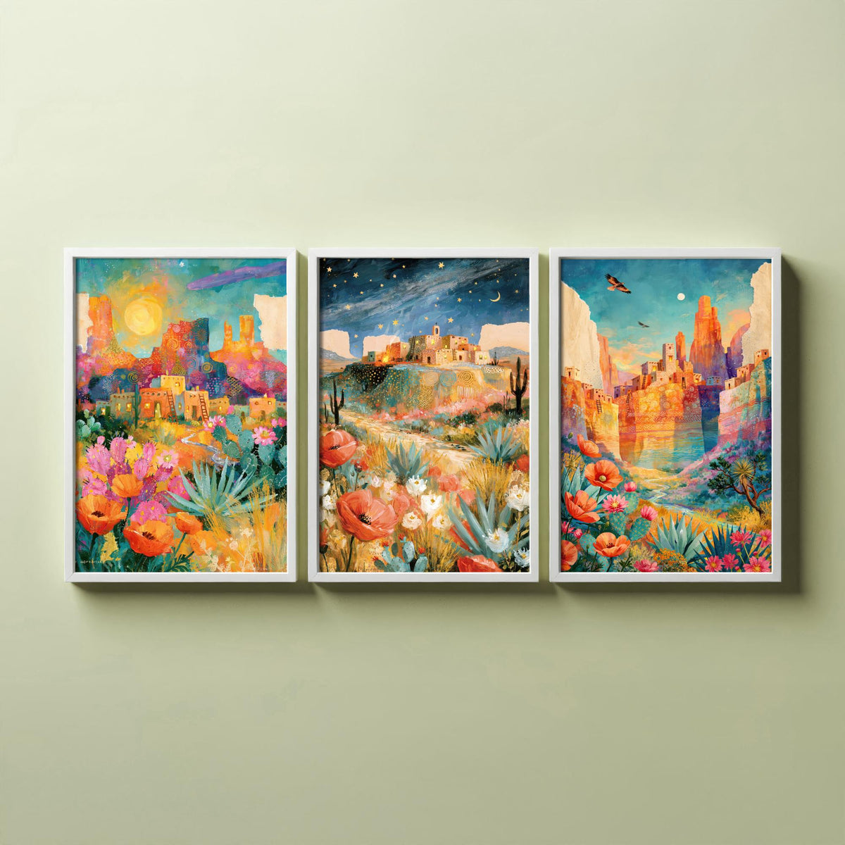 Arizona Desert Set of Three Art Prints - Sedona, Monument Valley, Grand Canyon - Adobe Pueblo Cactus Wildflower Paintings - Folk Art Posters