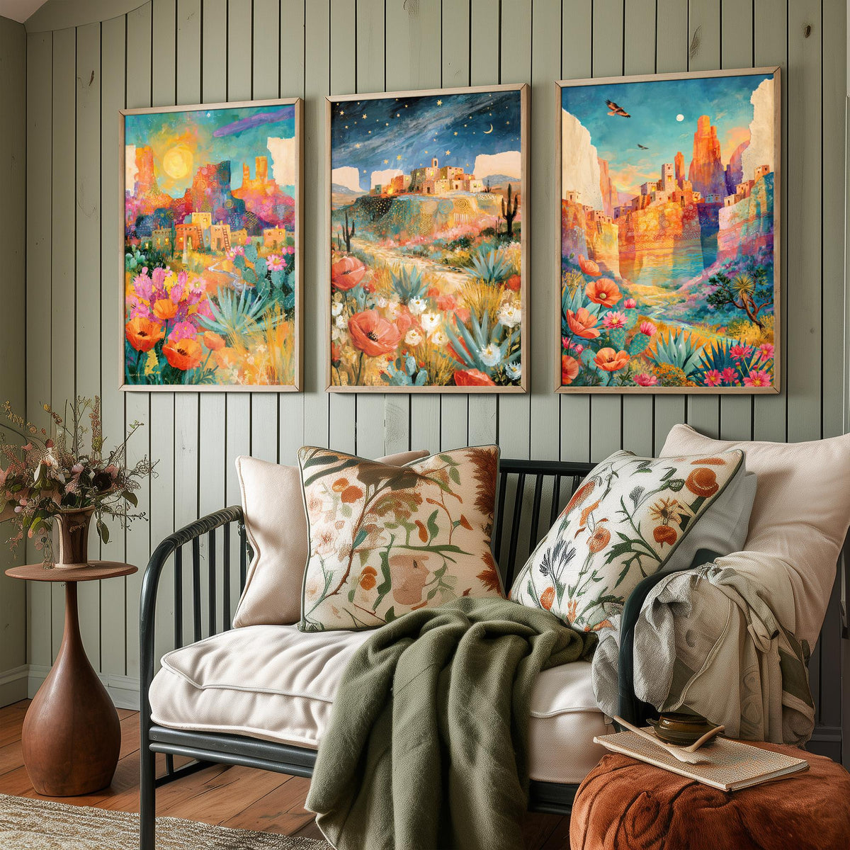 Arizona Desert Set of Three Art Prints - Sedona, Monument Valley, Grand Canyon - Adobe Pueblo Cactus Wildflower Paintings - Folk Art Posters
