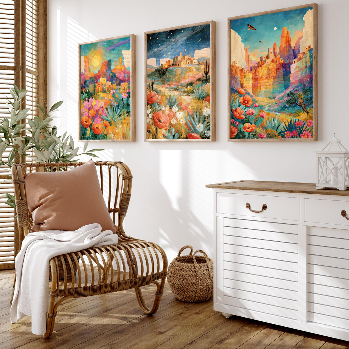 Arizona Desert Set of Three Art Prints - Sedona, Monument Valley, Grand Canyon - Adobe Pueblo Cactus Wildflower Paintings - Folk Art Posters