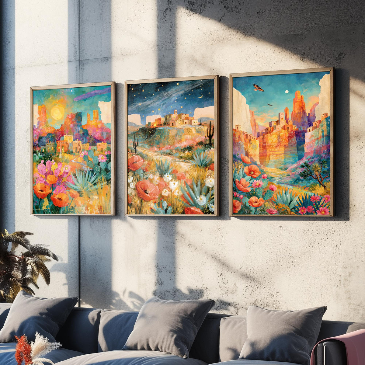 Arizona Desert Set of Three Art Prints - Sedona, Monument Valley, Grand Canyon - Adobe Pueblo Cactus Wildflower Paintings - Folk Art Posters