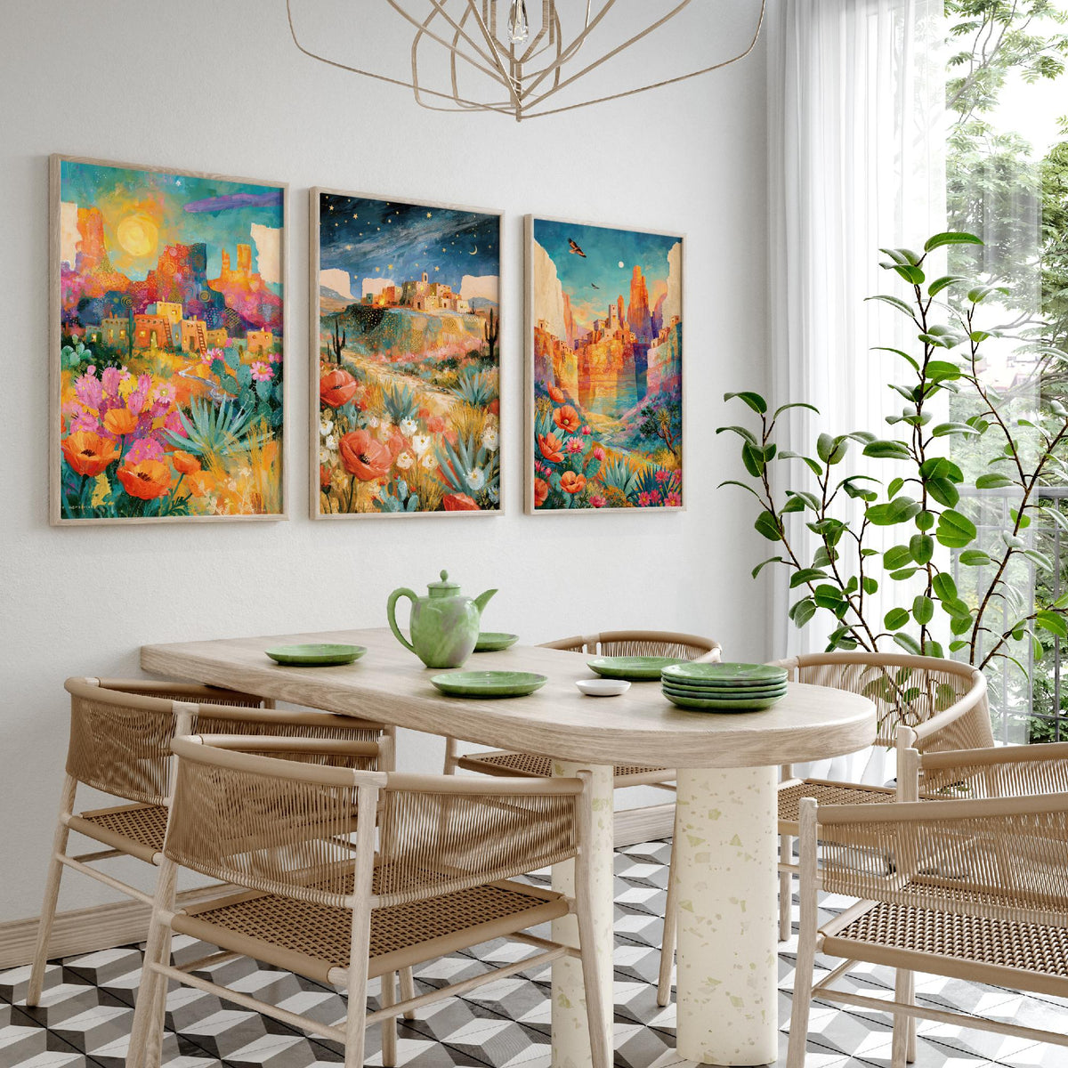 Arizona Desert Set of Three Art Prints - Sedona, Monument Valley, Grand Canyon - Adobe Pueblo Cactus Wildflower Paintings - Folk Art Posters