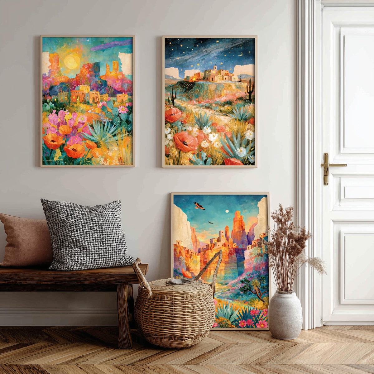 Arizona Desert Set of Three Art Prints - Sedona, Monument Valley, Grand Canyon - Adobe Pueblo Cactus Wildflower Paintings - Folk Art Posters