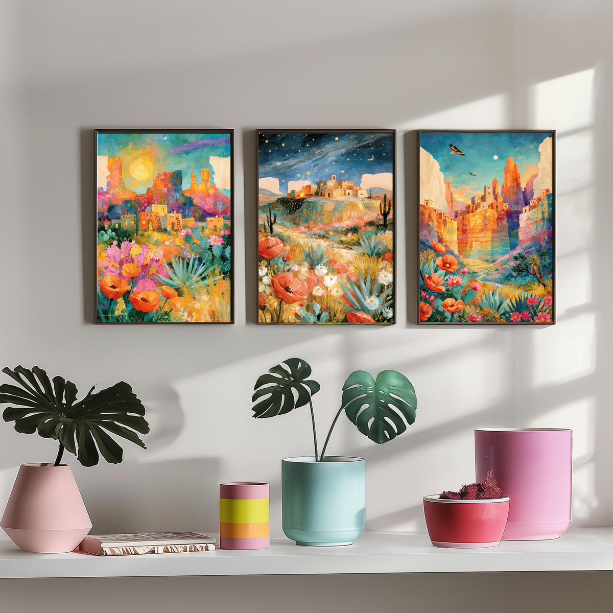 Arizona Desert Set of Three Art Prints - Sedona, Monument Valley, Grand Canyon - Adobe Pueblo Cactus Wildflower Paintings - Folk Art Posters