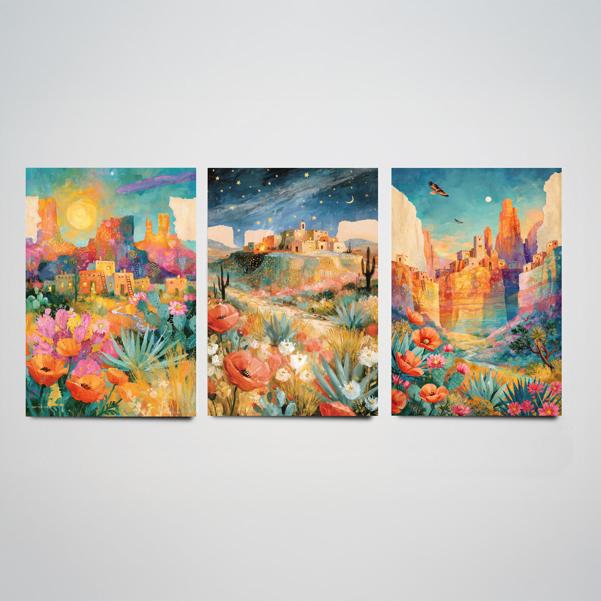 Arizona Desert Set of Three Art Prints - Sedona, Monument Valley, Grand Canyon - Adobe Pueblo Cactus Wildflower Paintings - Folk Art Posters