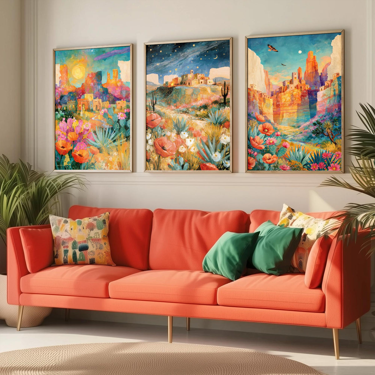Arizona Desert Set of Three Art Prints - Sedona, Monument Valley, Grand Canyon - Adobe Pueblo Cactus Wildflower Paintings - Folk Art Posters