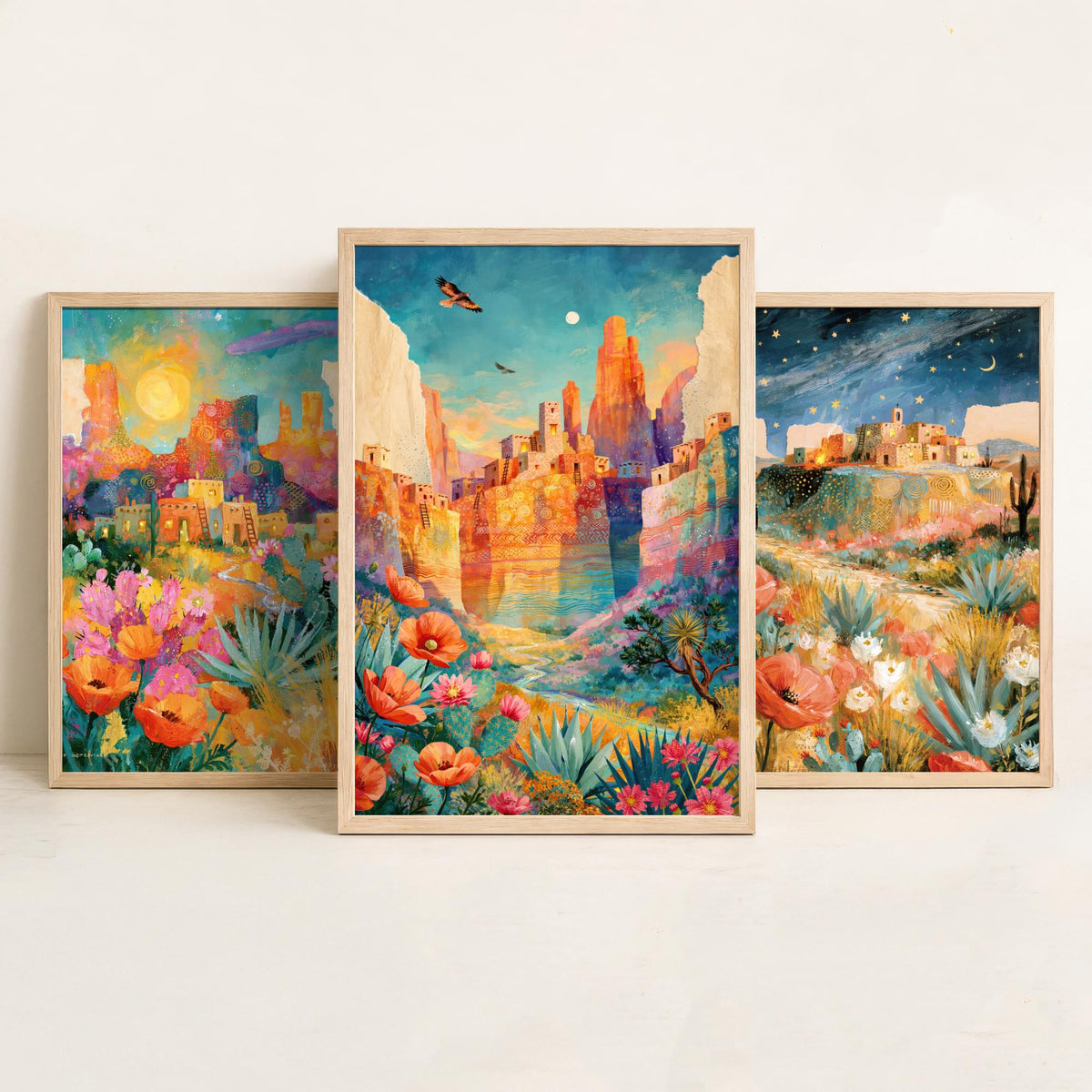 Arizona Desert Set of Three Art Prints - Sedona, Monument Valley, Grand Canyon - Adobe Pueblo Cactus Wildflower Paintings - Folk Art Posters