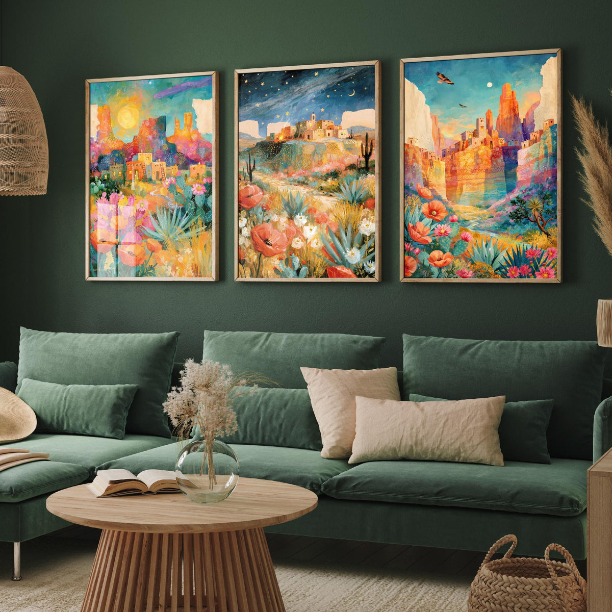 Arizona Desert Set of Three Art Prints - Sedona, Monument Valley, Grand Canyon - Adobe Pueblo Cactus Wildflower Paintings - Folk Art Posters