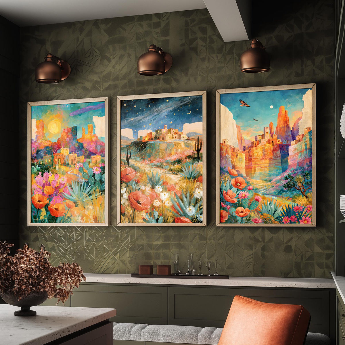 Arizona Desert Set of Three Art Prints - Sedona, Monument Valley, Grand Canyon - Adobe Pueblo Cactus Wildflower Paintings - Folk Art Posters