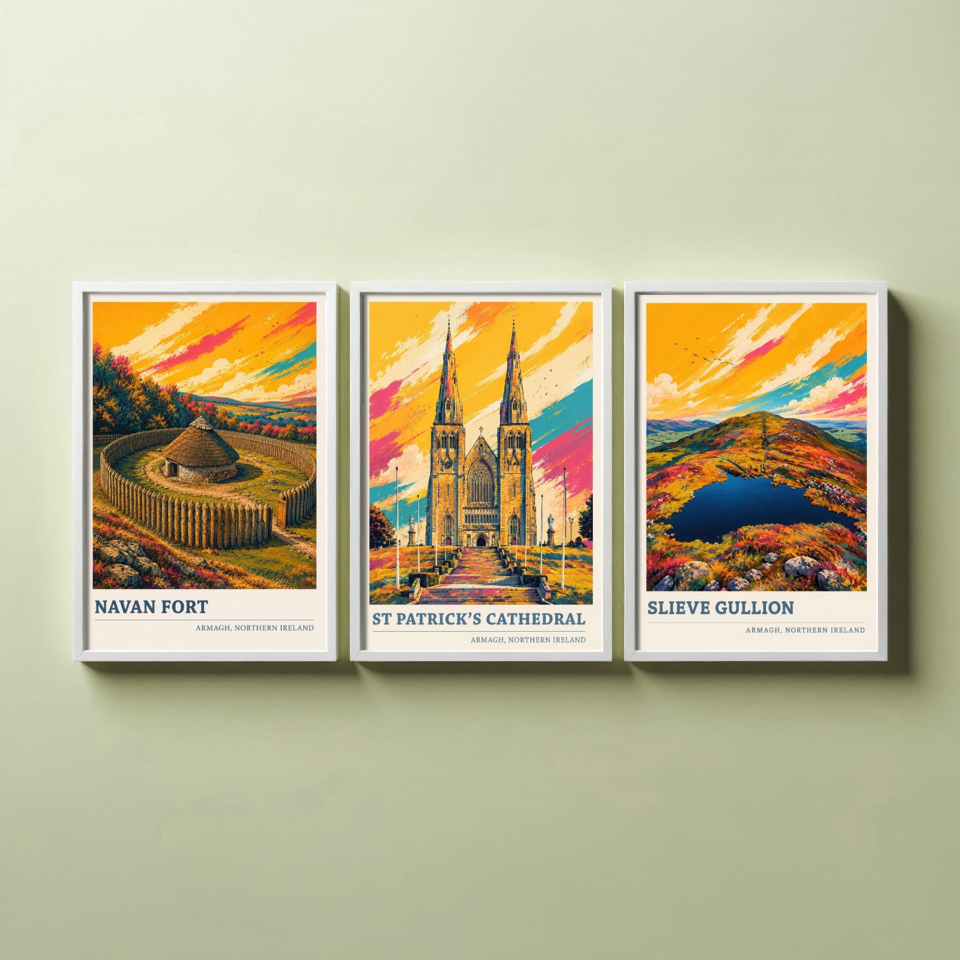 Armagh Northern Ireland Set of Three Prints | Navan Fort St Patricks Cathedral Slieve Gullion | Vibrant Landmark Painting Art Posters