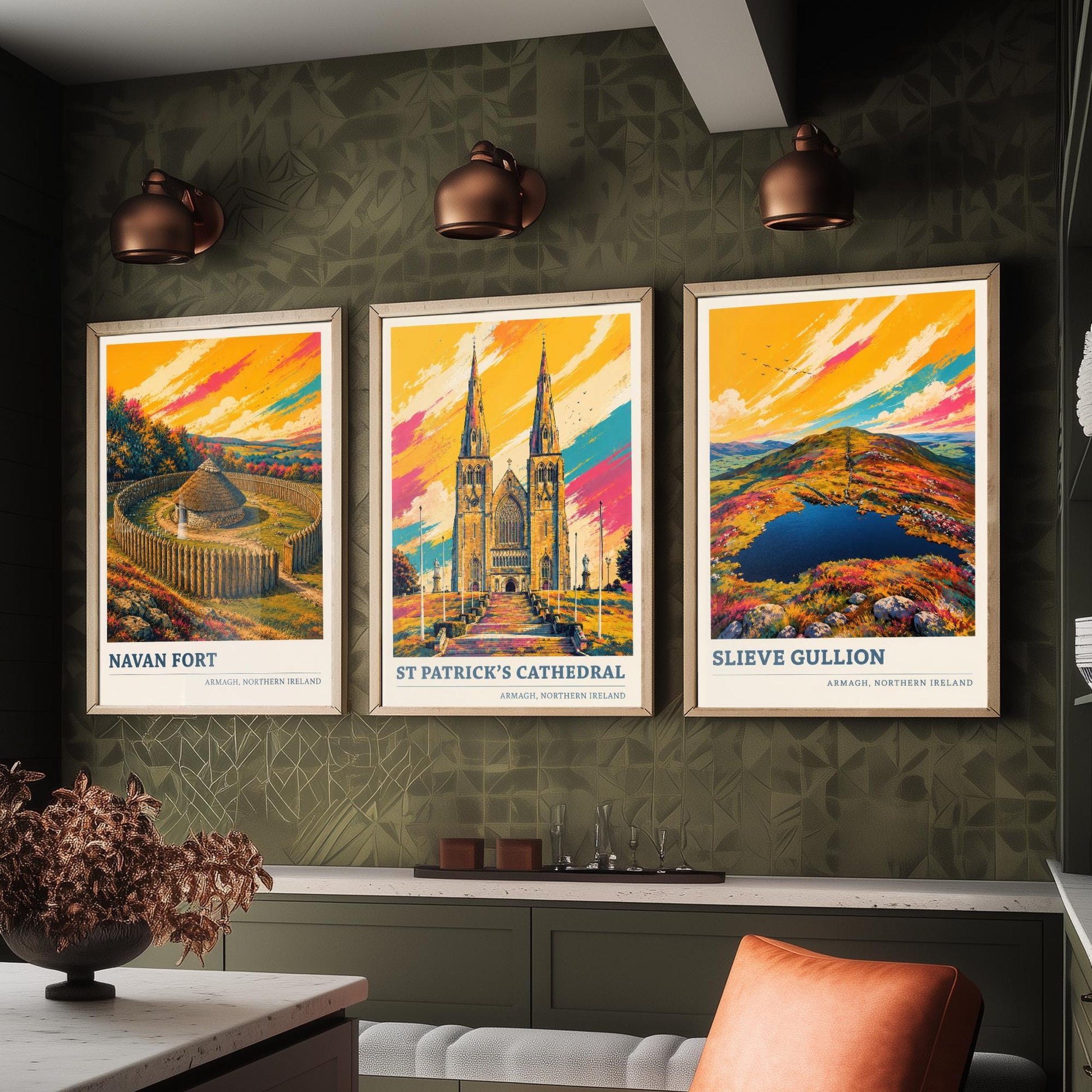 Armagh Northern Ireland Set of Three Prints | Navan Fort St Patricks Cathedral Slieve Gullion | Vibrant Landmark Painting Art Posters