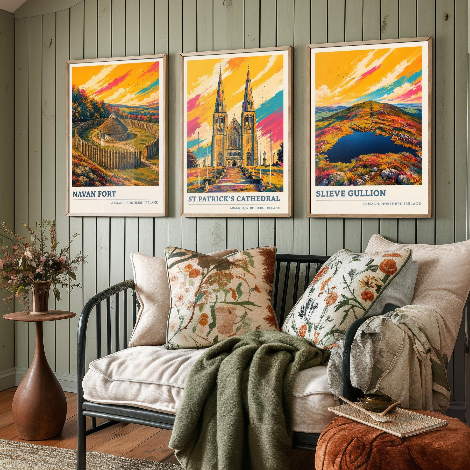 Armagh Northern Ireland Set of Three Prints | Navan Fort St Patricks Cathedral Slieve Gullion | Vibrant Landmark Painting Art Posters