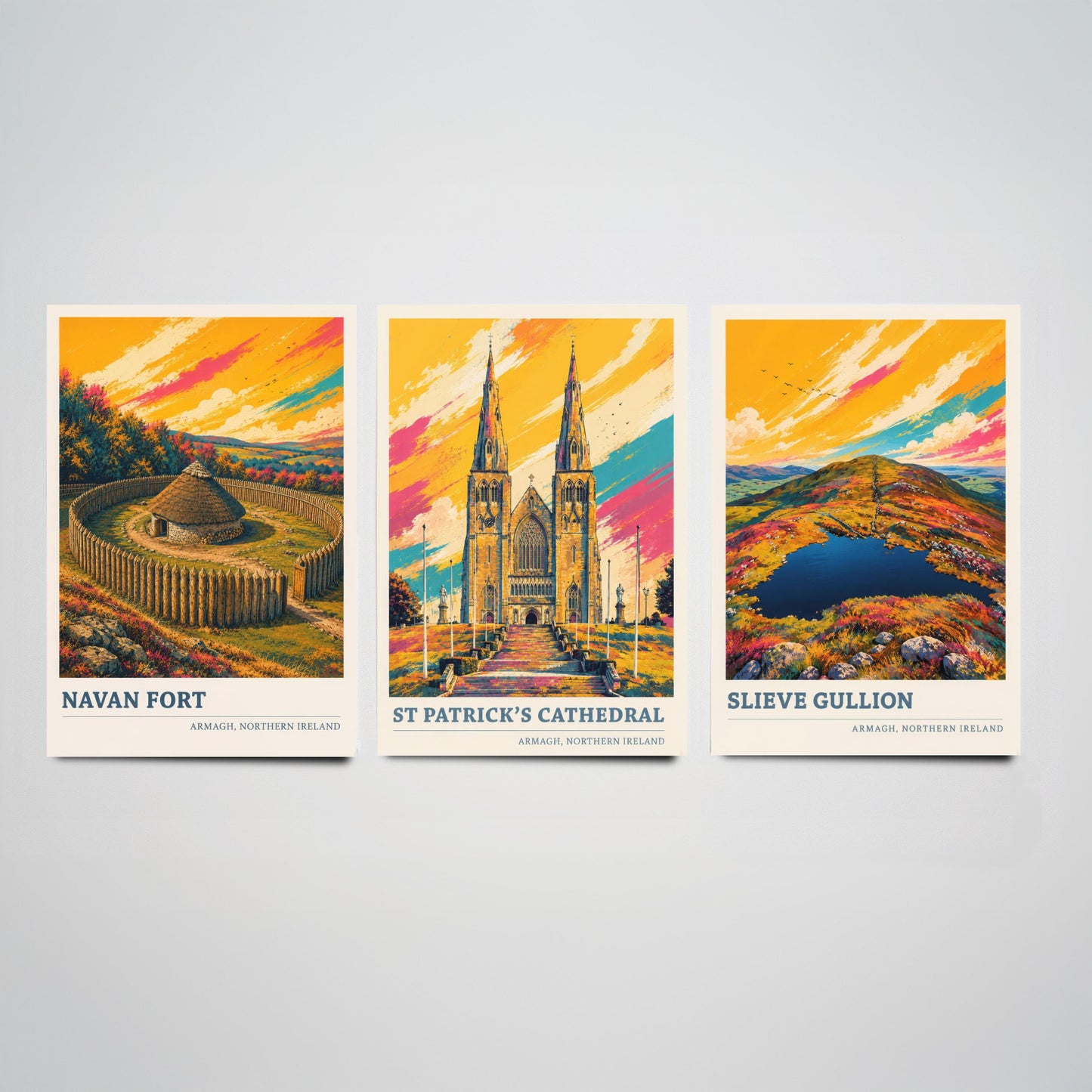 Armagh Northern Ireland Set of Three Prints | Navan Fort St Patricks Cathedral Slieve Gullion | Vibrant Landmark Painting Art Posters