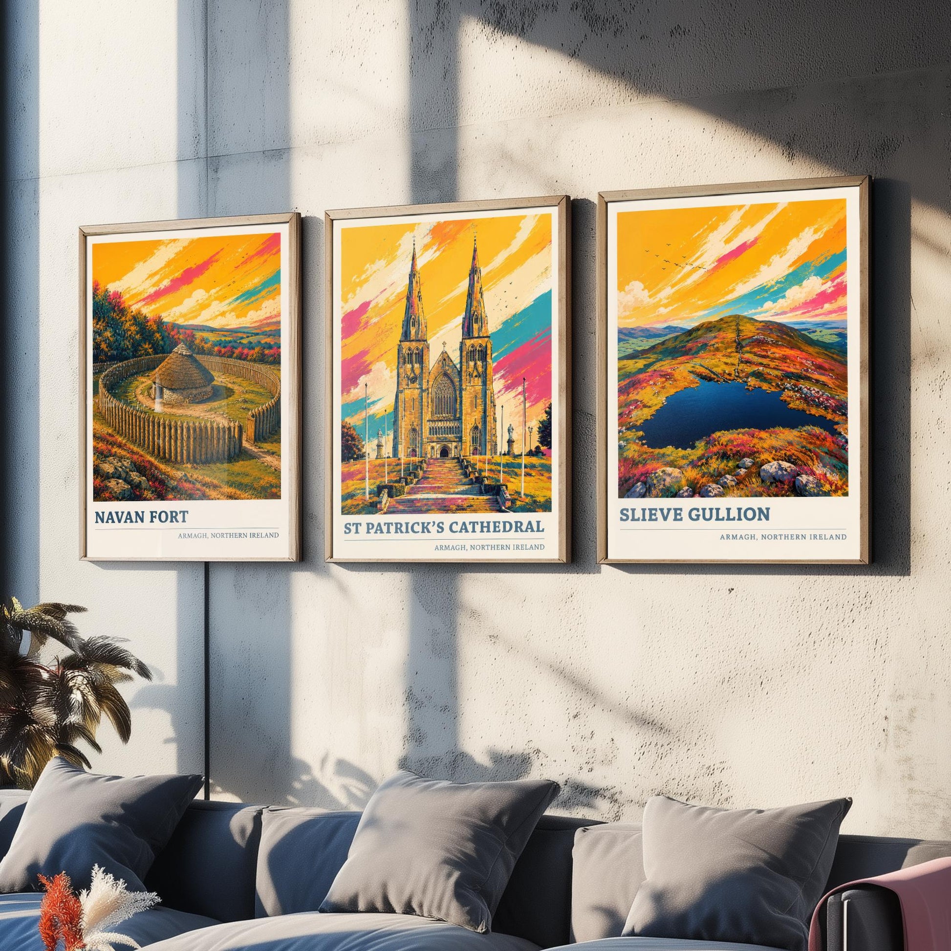 Armagh Northern Ireland Set of Three Prints | Navan Fort St Patricks Cathedral Slieve Gullion | Vibrant Landmark Painting Art Posters