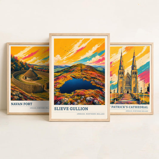 Armagh Northern Ireland Set of Three Prints | Navan Fort St Patricks Cathedral Slieve Gullion | Vibrant Landmark Painting Art Posters