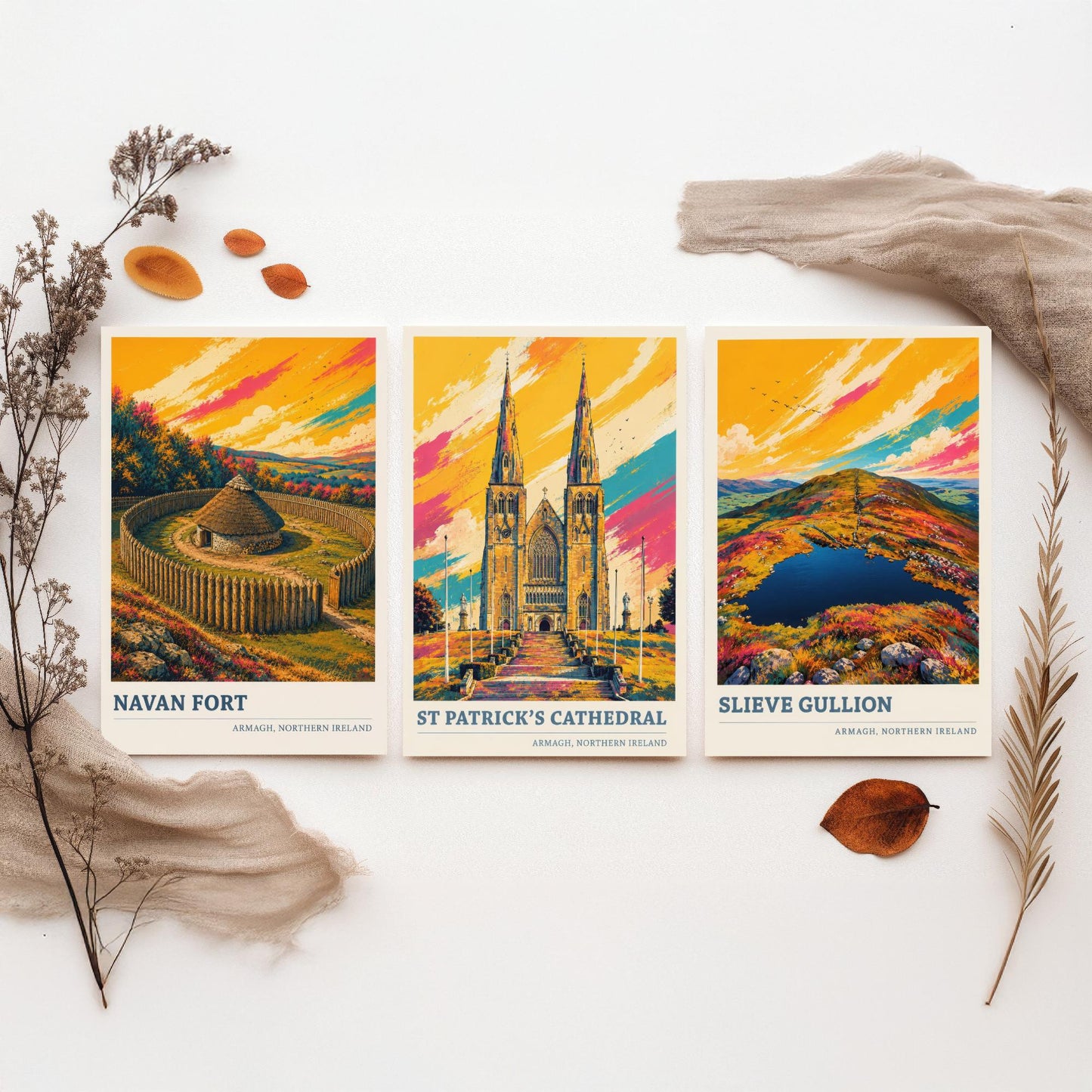 Armagh Northern Ireland Set of Three Prints | Navan Fort St Patricks Cathedral Slieve Gullion | Vibrant Landmark Painting Art Posters