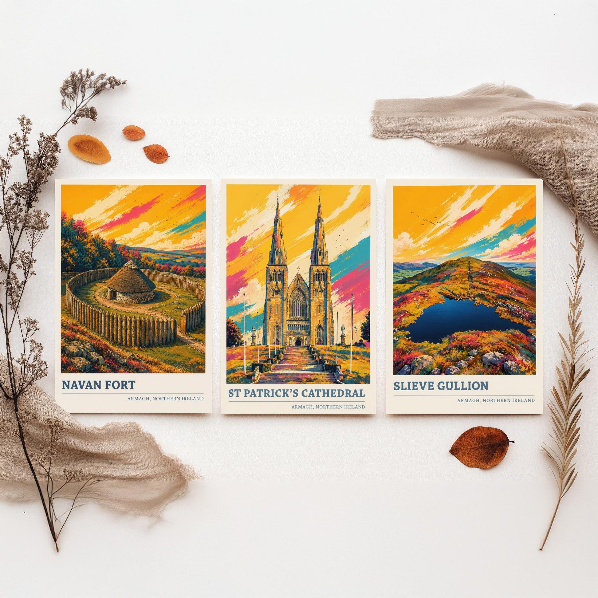 Armagh Northern Ireland Set of Three Prints | Navan Fort St Patricks Cathedral Slieve Gullion | Vibrant Landmark Painting Art Posters