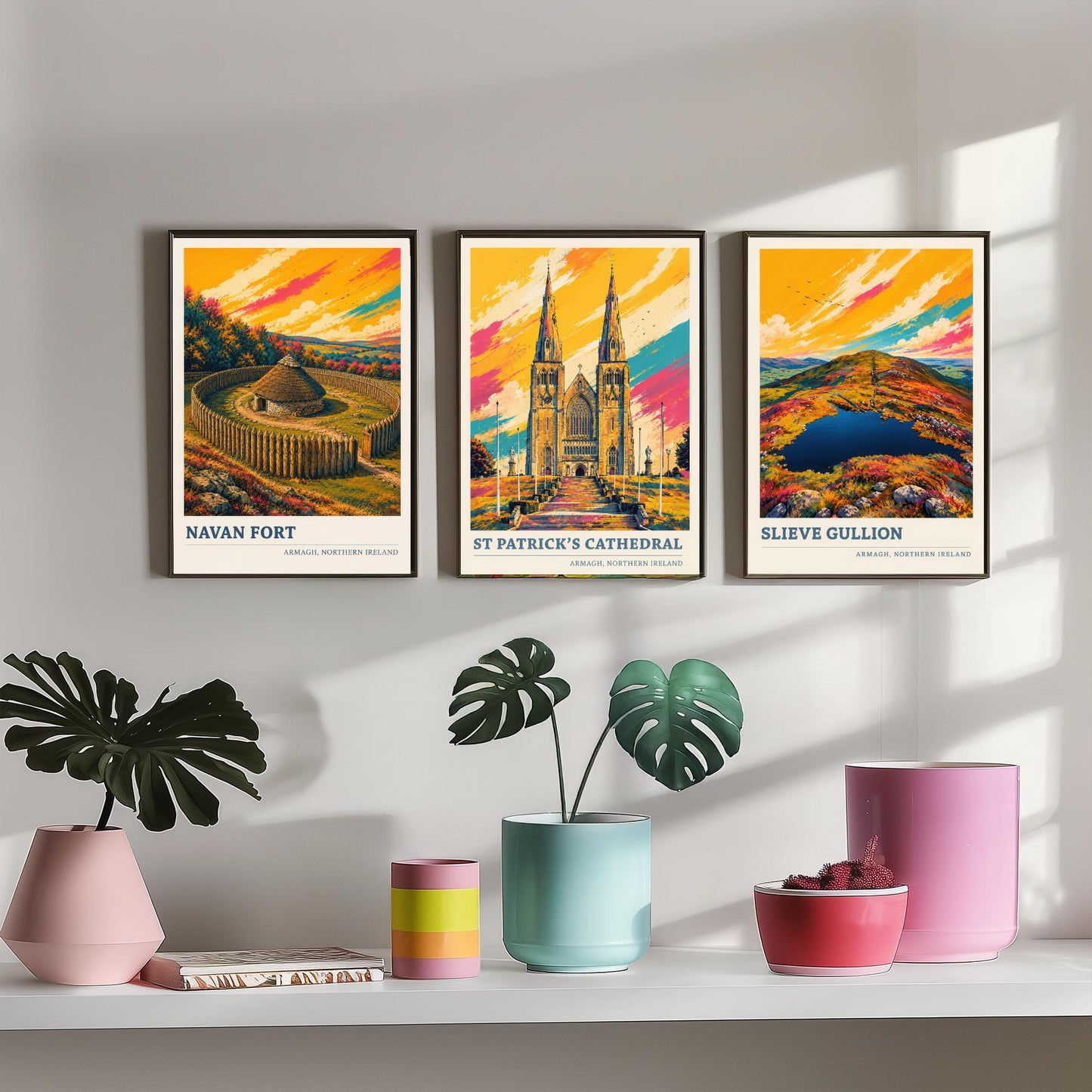 Armagh Northern Ireland Set of Three Prints | Navan Fort St Patricks Cathedral Slieve Gullion | Vibrant Landmark Painting Art Posters