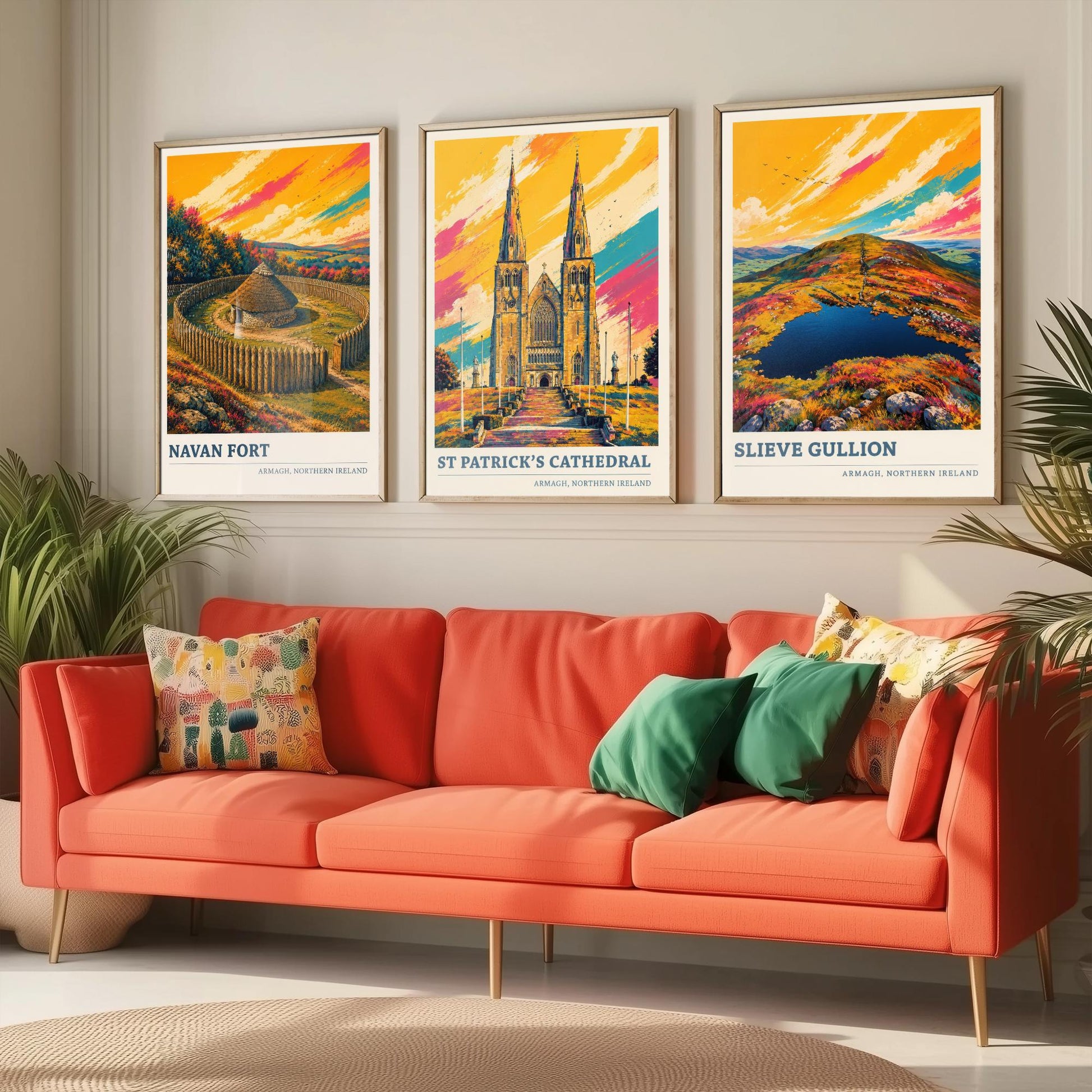 Armagh Northern Ireland Set of Three Prints | Navan Fort St Patricks Cathedral Slieve Gullion | Vibrant Landmark Painting Art Posters