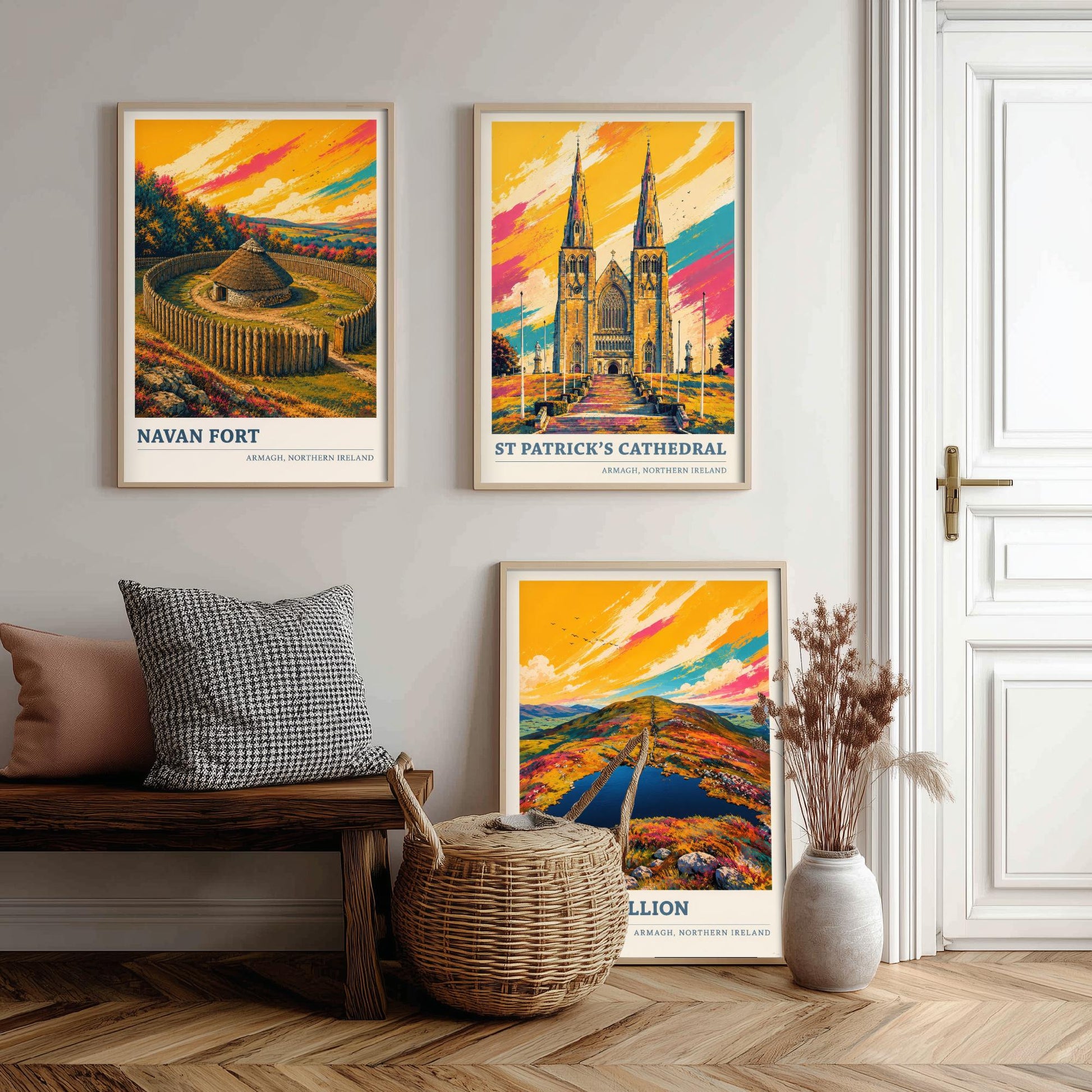 Armagh Northern Ireland Set of Three Prints | Navan Fort St Patricks Cathedral Slieve Gullion | Vibrant Landmark Painting Art Posters