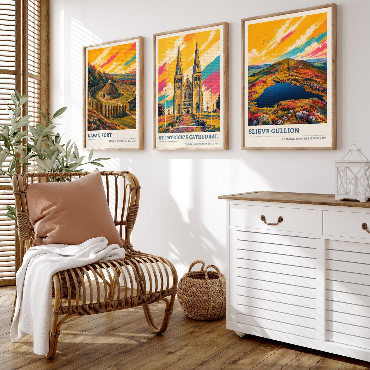 Armagh Northern Ireland Set of Three Prints | Navan Fort St Patricks Cathedral Slieve Gullion | Vibrant Landmark Painting Art Posters