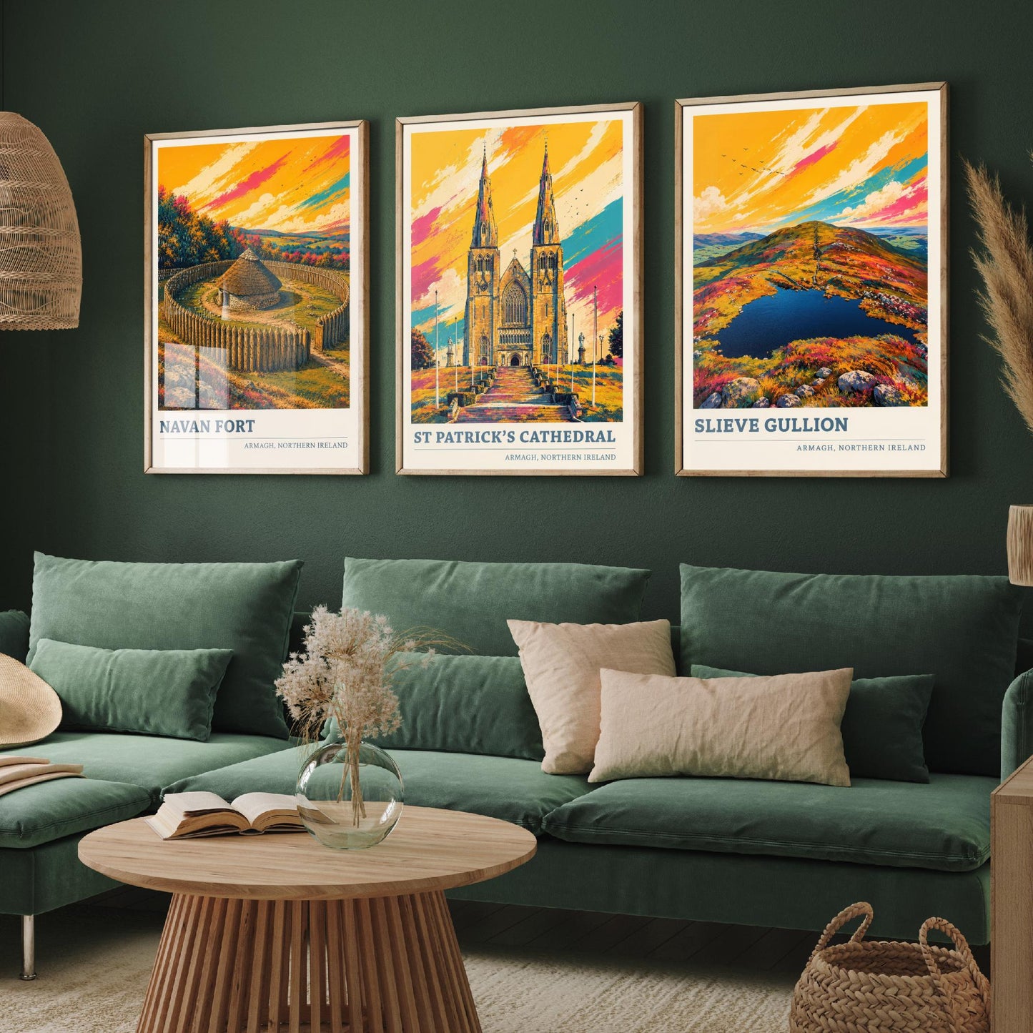 Armagh Northern Ireland Set of Three Prints | Navan Fort St Patricks Cathedral Slieve Gullion | Vibrant Landmark Painting Art Posters