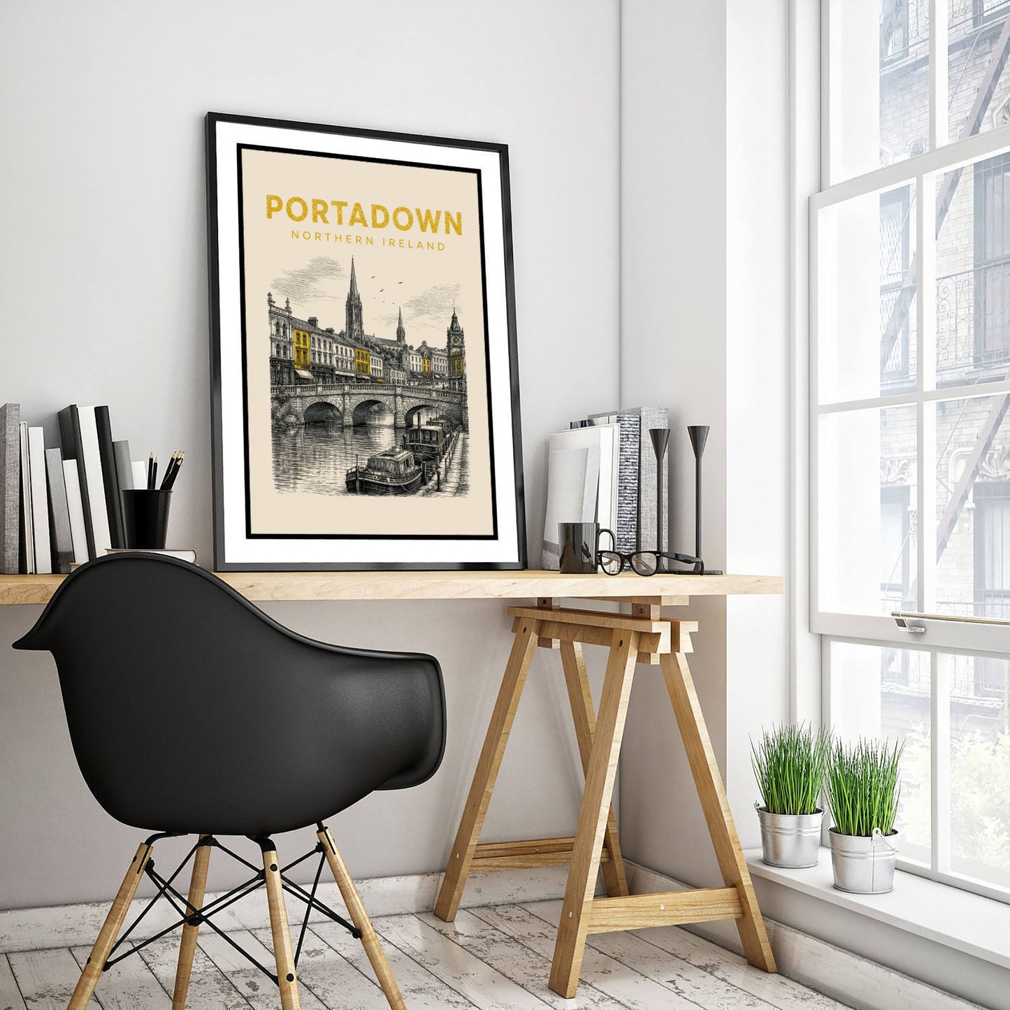 Portadown Northern Ireland Travel Poster - Vintage Duotone Art Print - Engraved City Illustration - River Bann and Bridge 1/3