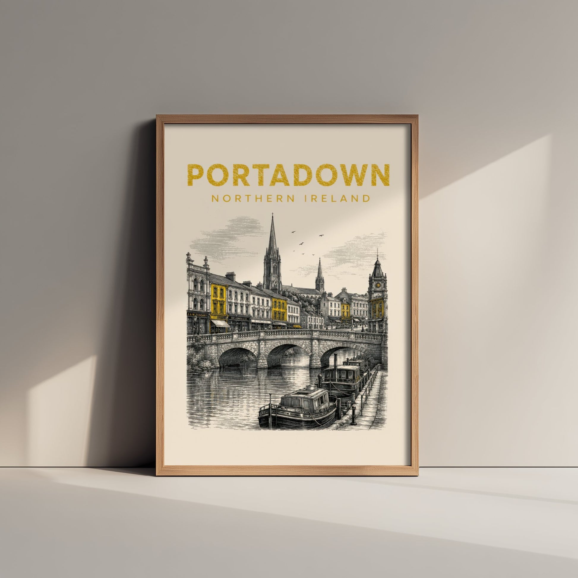Portadown Northern Ireland Travel Poster - Vintage Duotone Art Print - Engraved City Illustration - River Bann and Bridge 1/3