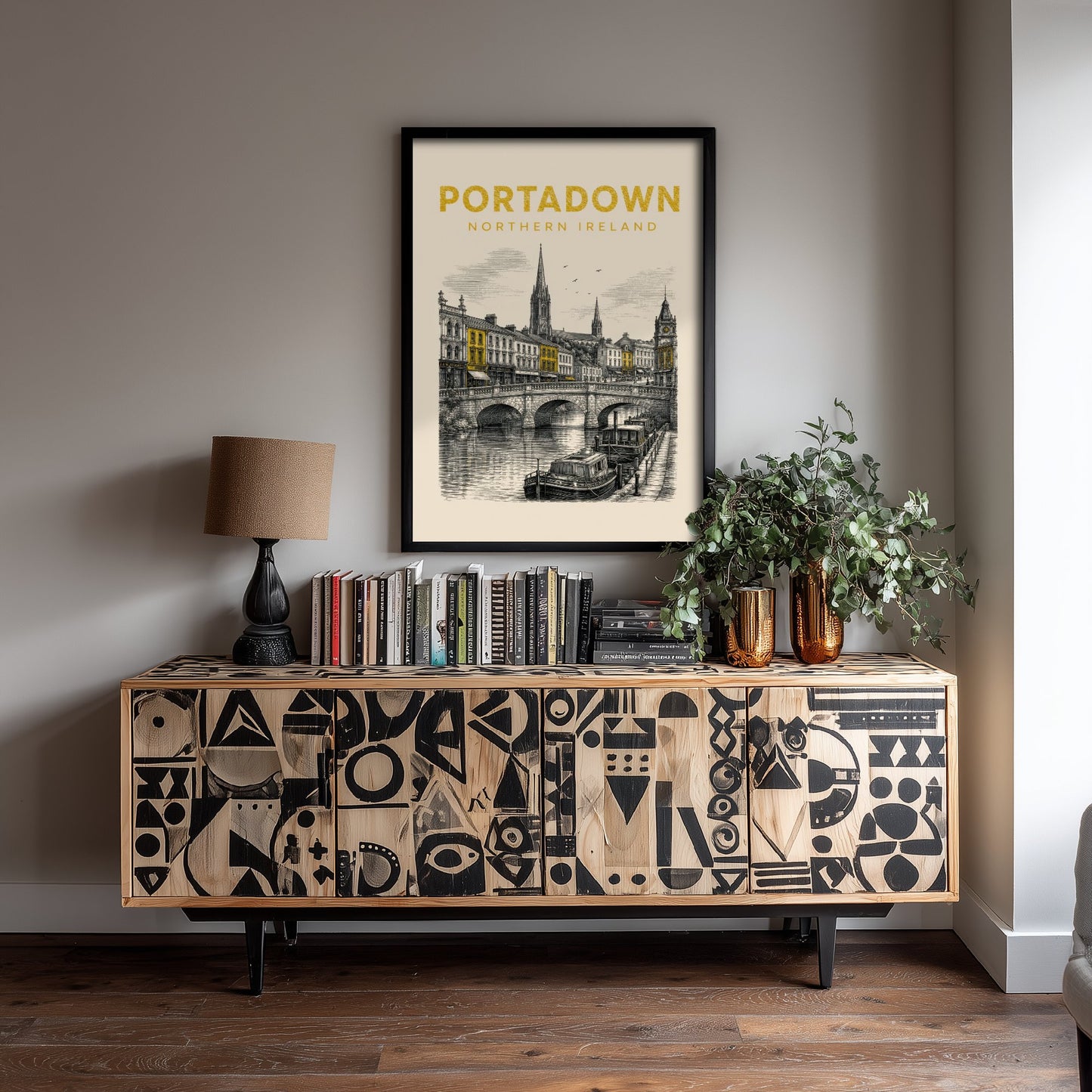 Portadown Northern Ireland Travel Poster - Vintage Duotone Art Print - Engraved City Illustration - River Bann and Bridge 1/3