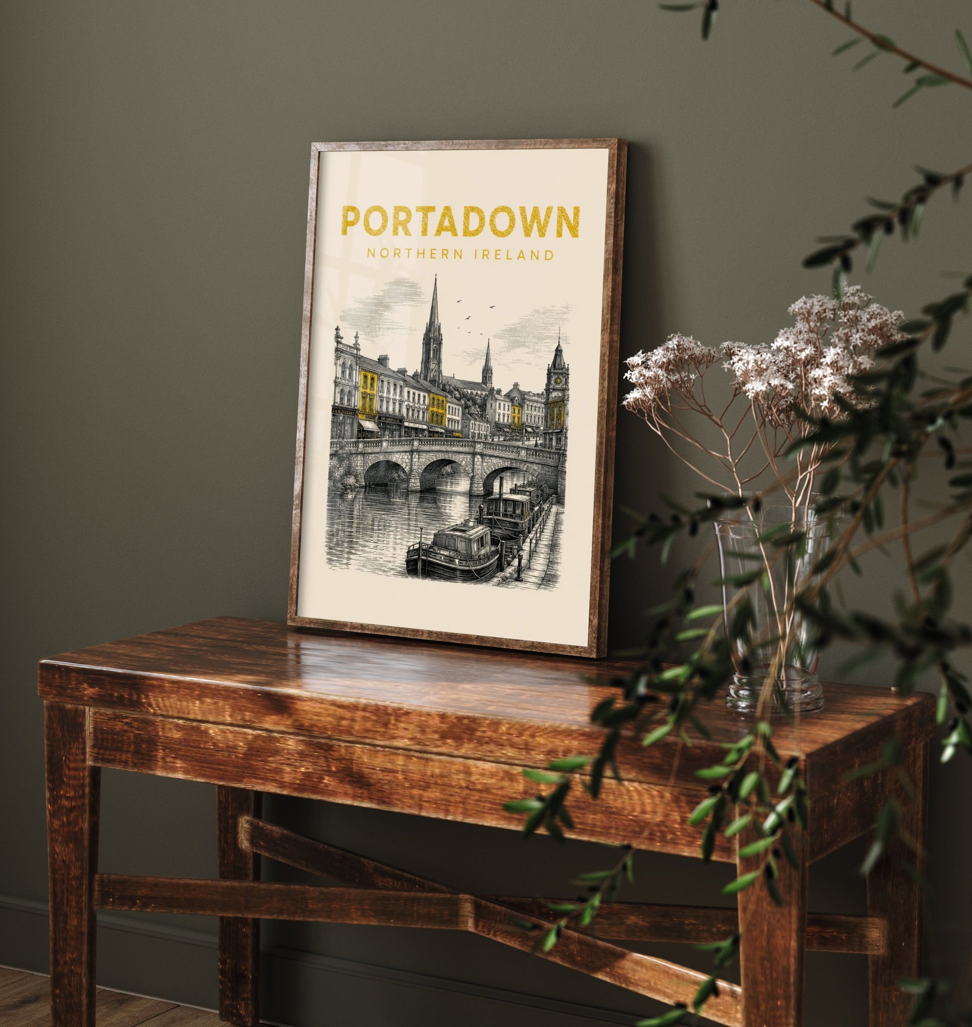 Portadown Northern Ireland Travel Poster - Vintage Duotone Art Print - Engraved City Illustration - River Bann and Bridge 1/3