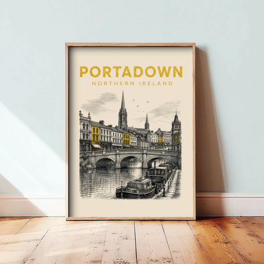 Portadown Northern Ireland Travel Poster - Vintage Duotone Art Print - Engraved City Illustration - River Bann and Bridge 1/3