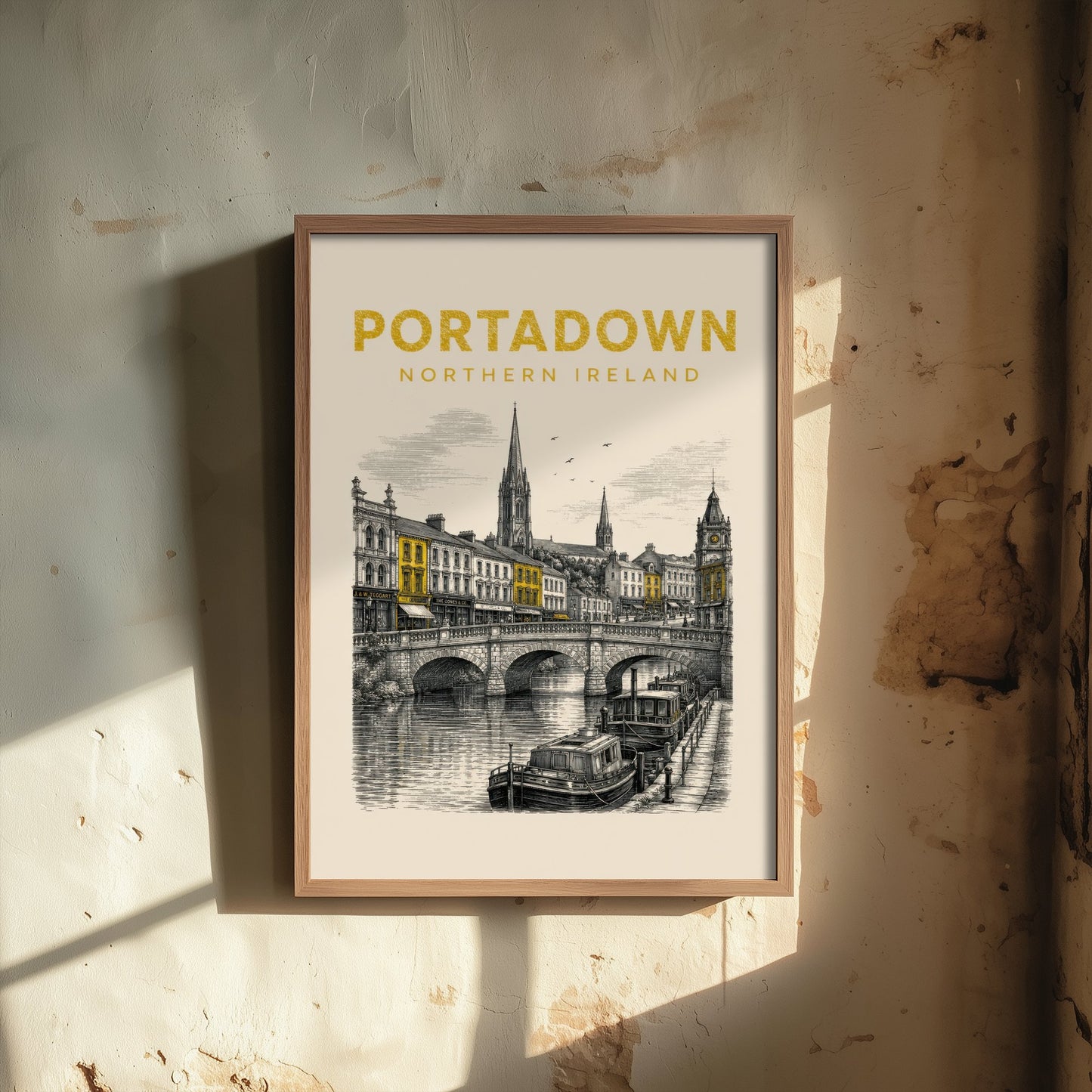 Portadown Northern Ireland Travel Poster - Vintage Duotone Art Print - Engraved City Illustration - River Bann and Bridge 1/3