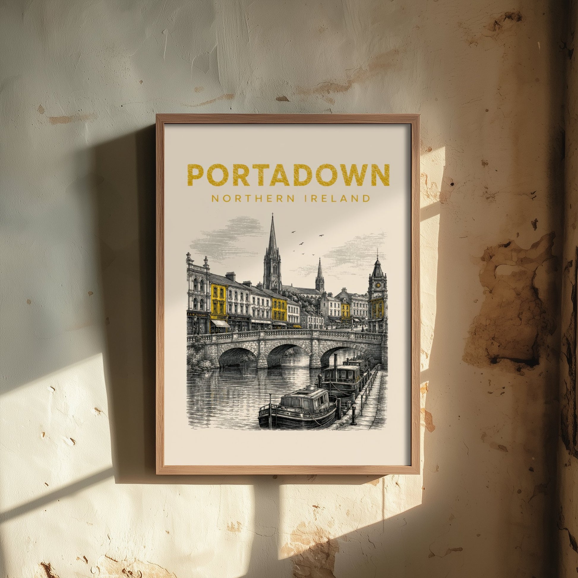 Portadown Northern Ireland Travel Poster - Vintage Duotone Art Print - Engraved City Illustration - River Bann and Bridge 1/3