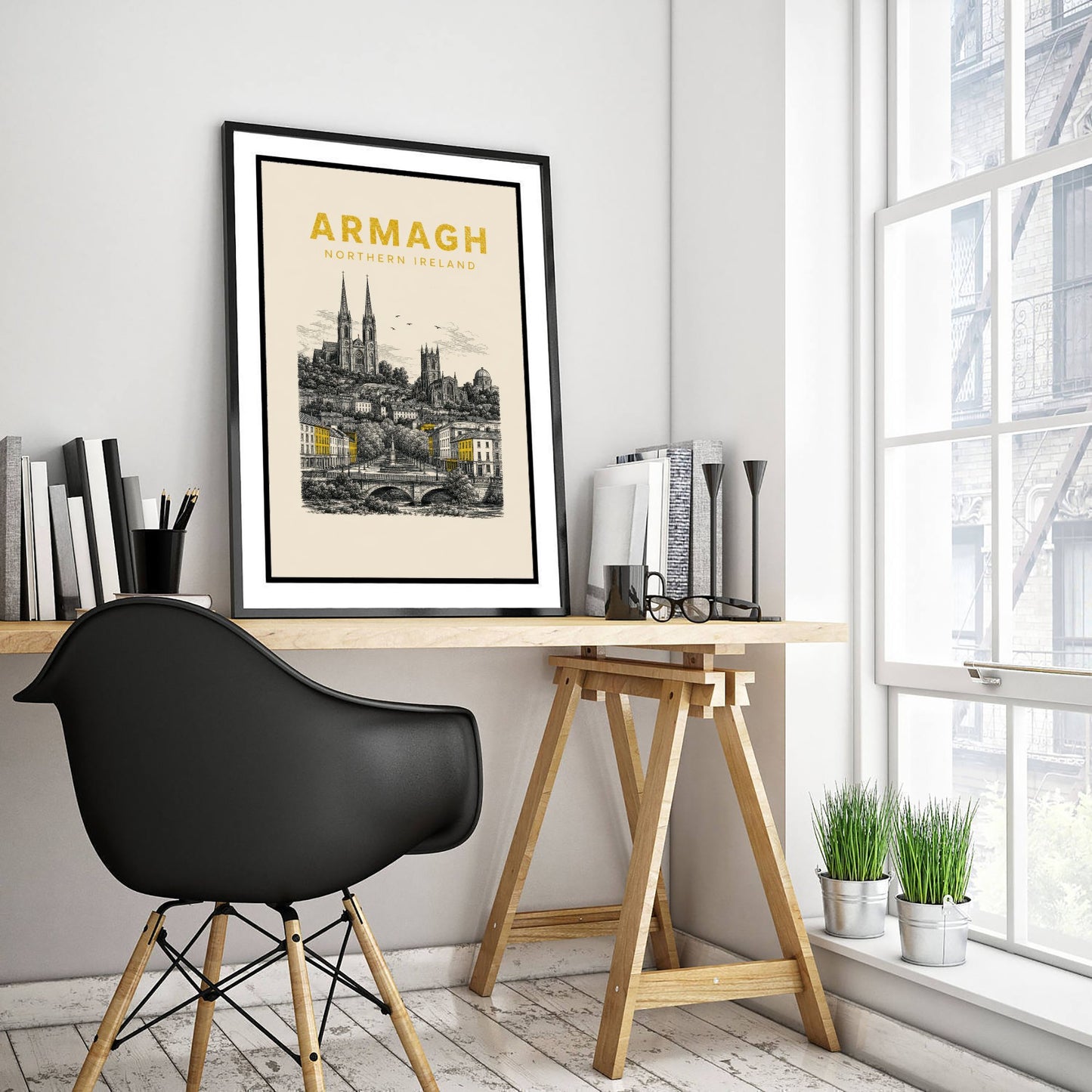 Armagh Northern Ireland Travel Poster - Vintage Duotone Art Print - Engraved City Illustration - Twin Cathedrals 2/3