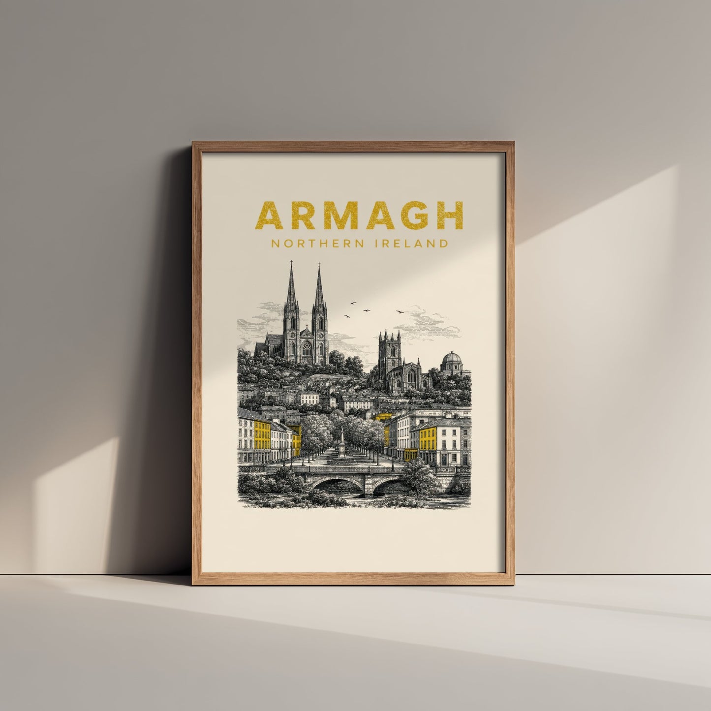 Armagh Northern Ireland Travel Poster - Vintage Duotone Art Print - Engraved City Illustration - Twin Cathedrals 2/3