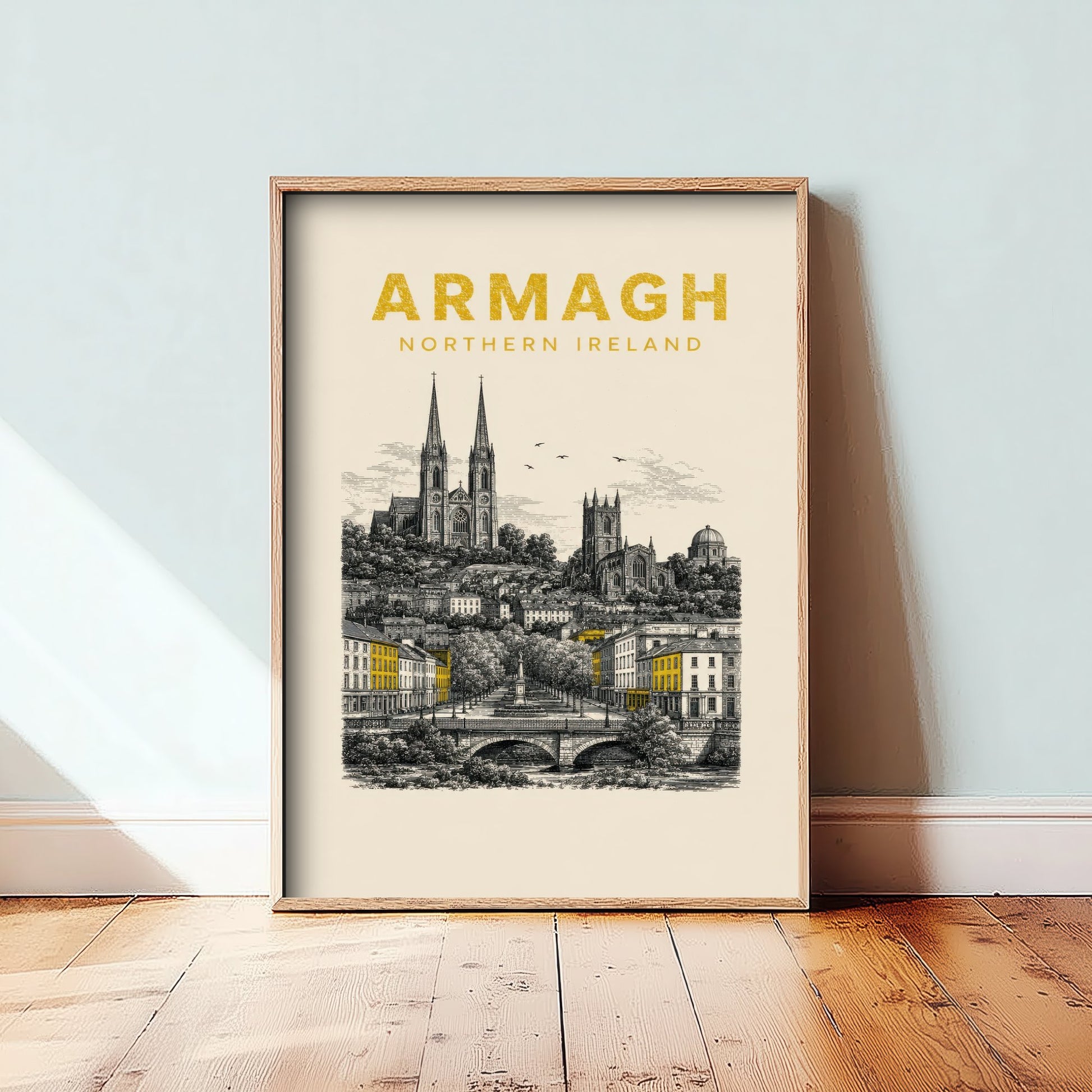 Armagh Northern Ireland Travel Poster - Vintage Duotone Art Print - Engraved City Illustration - Twin Cathedrals 2/3