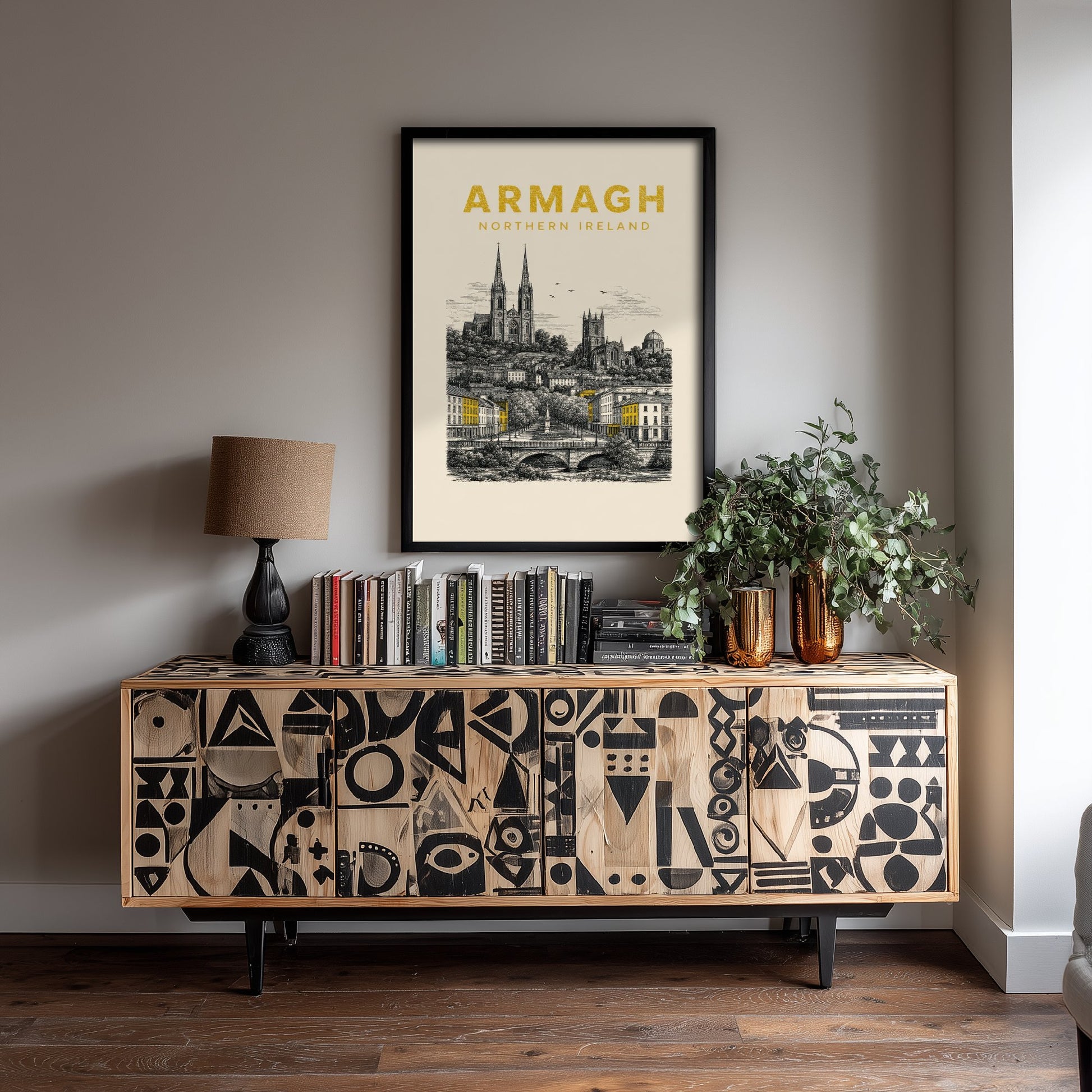 Armagh Northern Ireland Travel Poster - Vintage Duotone Art Print - Engraved City Illustration - Twin Cathedrals 2/3