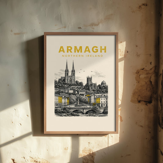 Armagh Northern Ireland Travel Poster - Vintage Duotone Art Print - Engraved City Illustration - Twin Cathedrals 2/3
