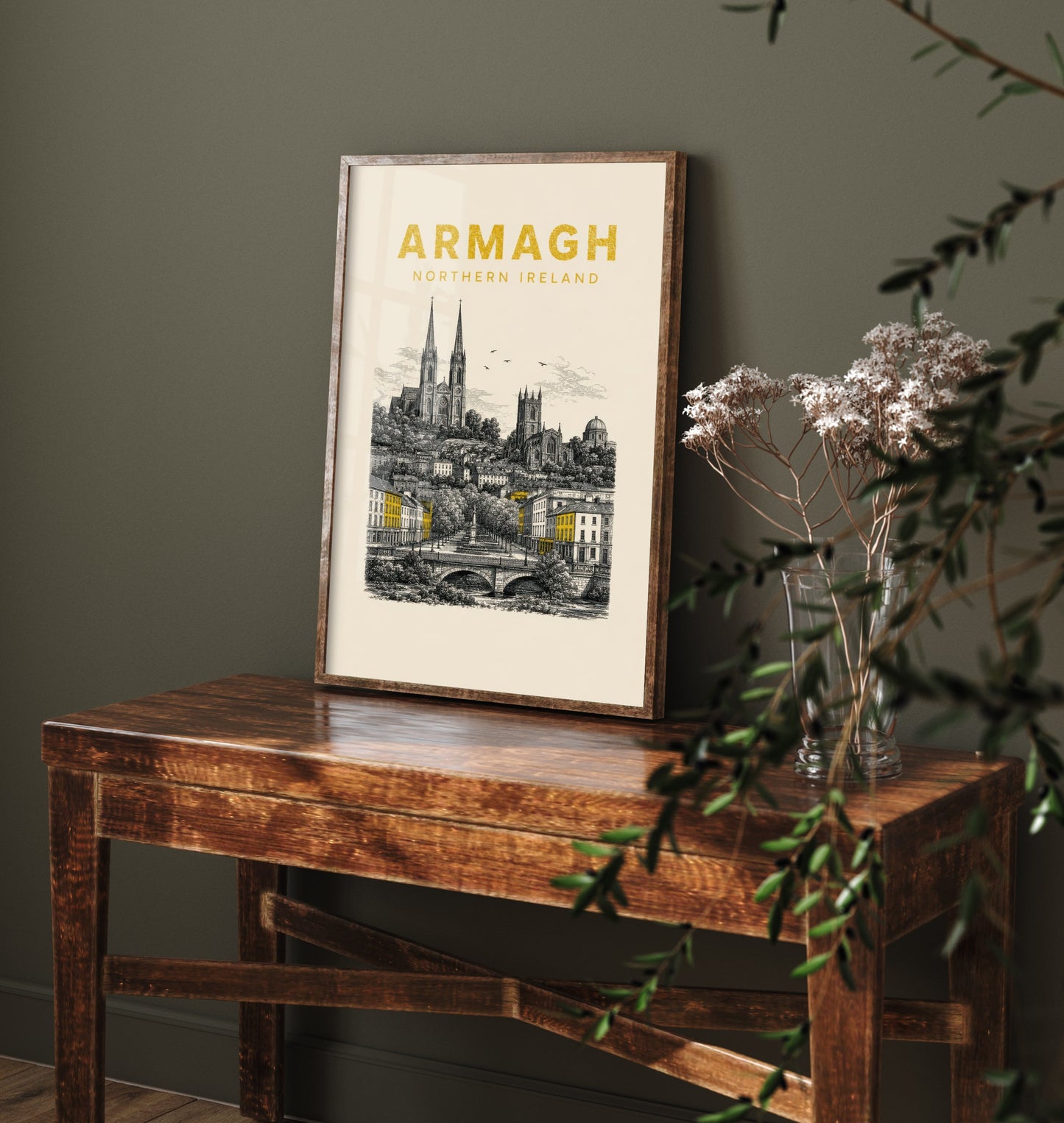 Armagh Northern Ireland Travel Poster - Vintage Duotone Art Print - Engraved City Illustration - Twin Cathedrals 2/3