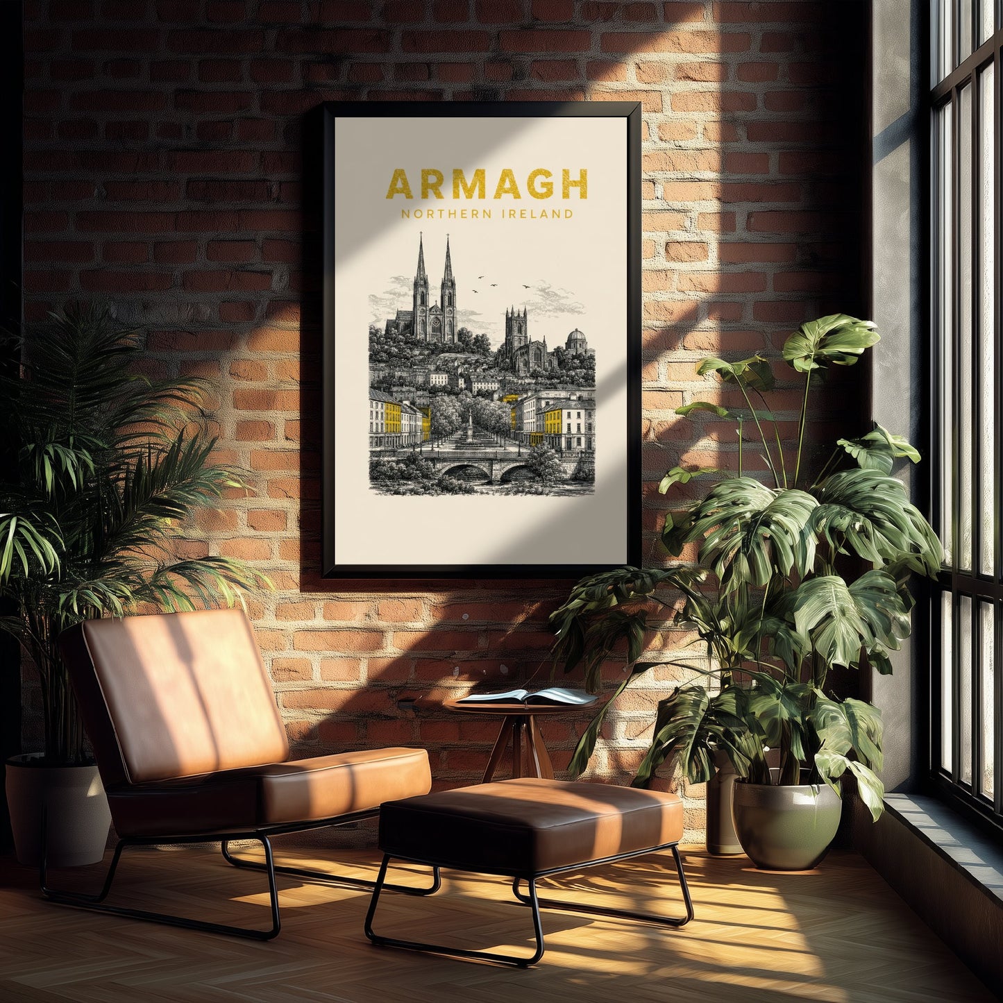 Armagh Northern Ireland Travel Poster - Vintage Duotone Art Print - Engraved City Illustration - Twin Cathedrals 2/3