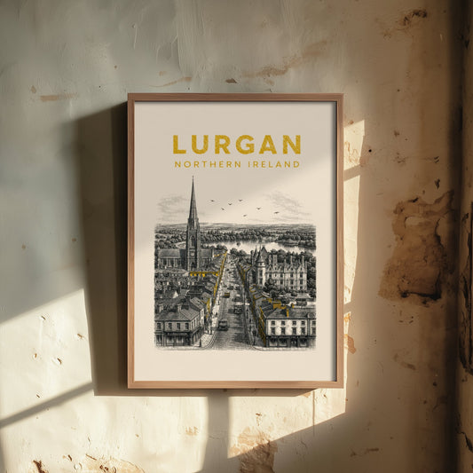 Lurgan Northern Ireland Travel Poster - Vintage Duotone Art Print - Engraved City Illustration - Spire and Main Street 3/3