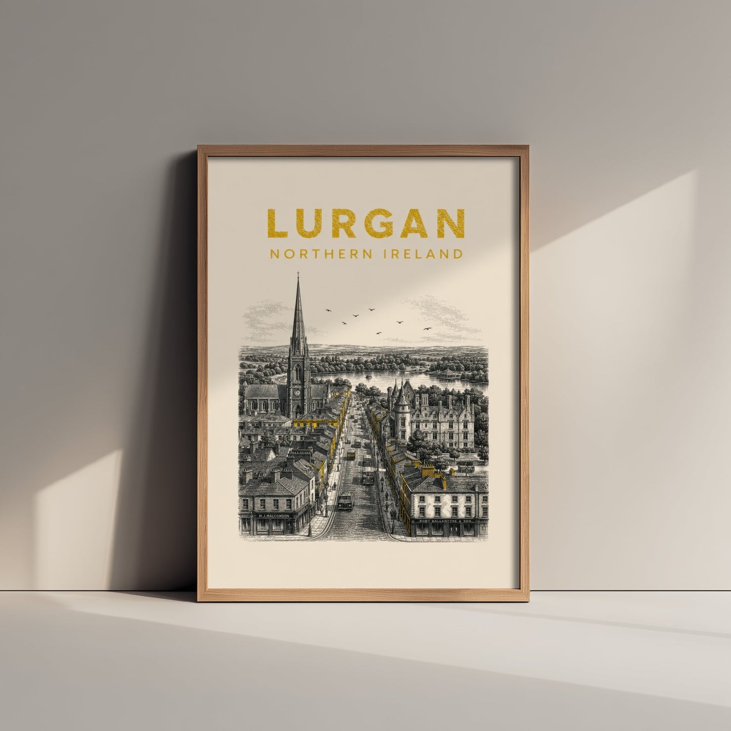 Lurgan Northern Ireland Travel Poster - Vintage Duotone Art Print - Engraved City Illustration - Spire and Main Street 3/3